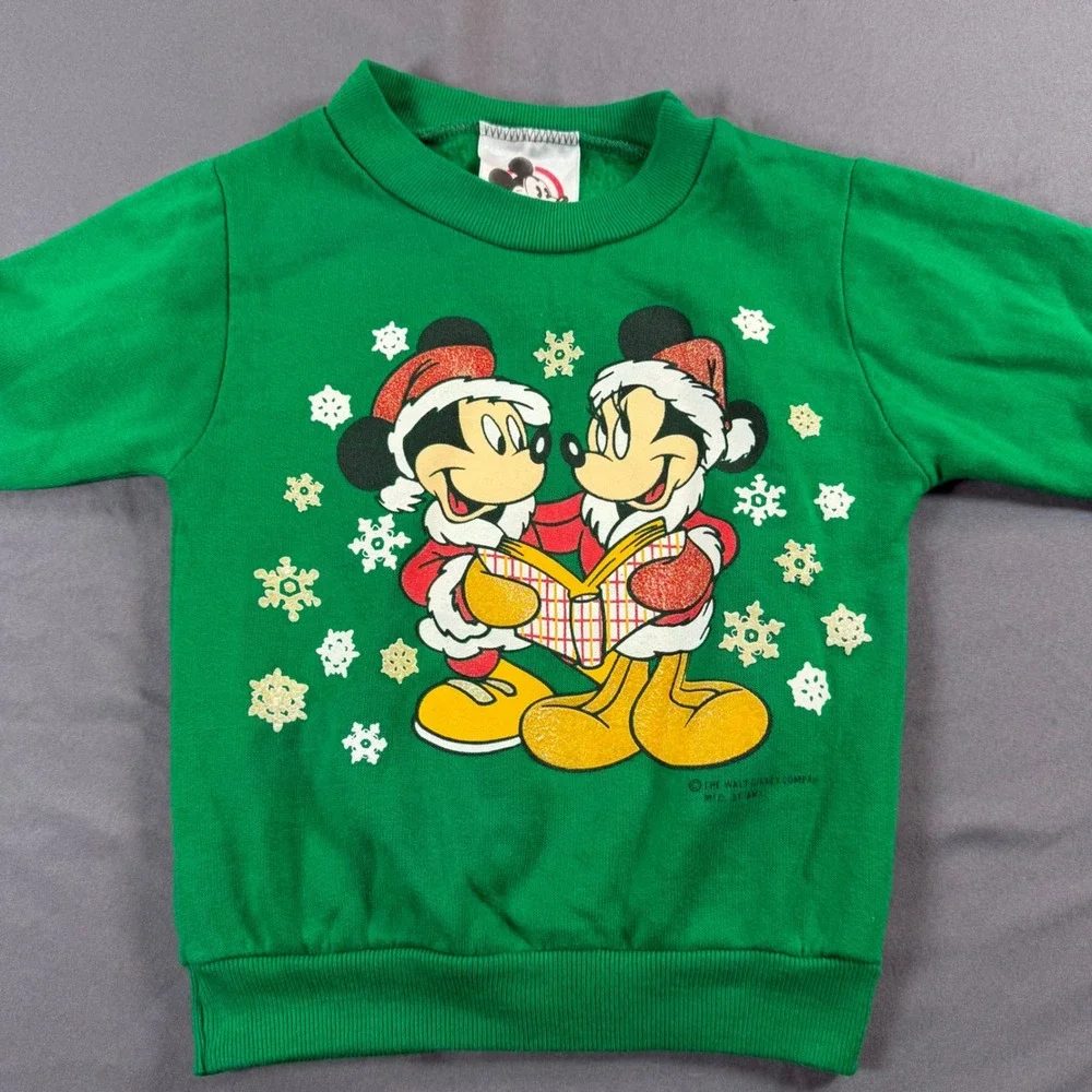 Vintage Disney Mickey Minnie Mouse Christmas Sweatshirt Green 3T Made in USA